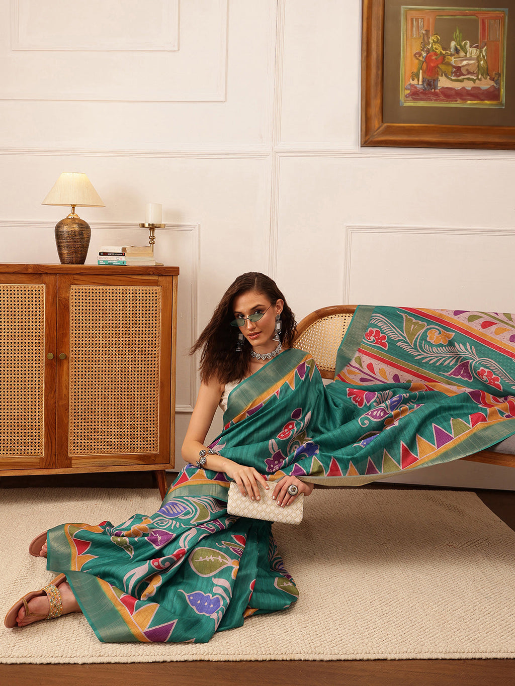 Hiral Fashion Teal Ikkat Kotha Silk Floral Digital Print Saree