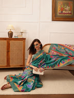 Hiral Fashion Teal Ikkat Kotha Silk Floral Digital Print Saree