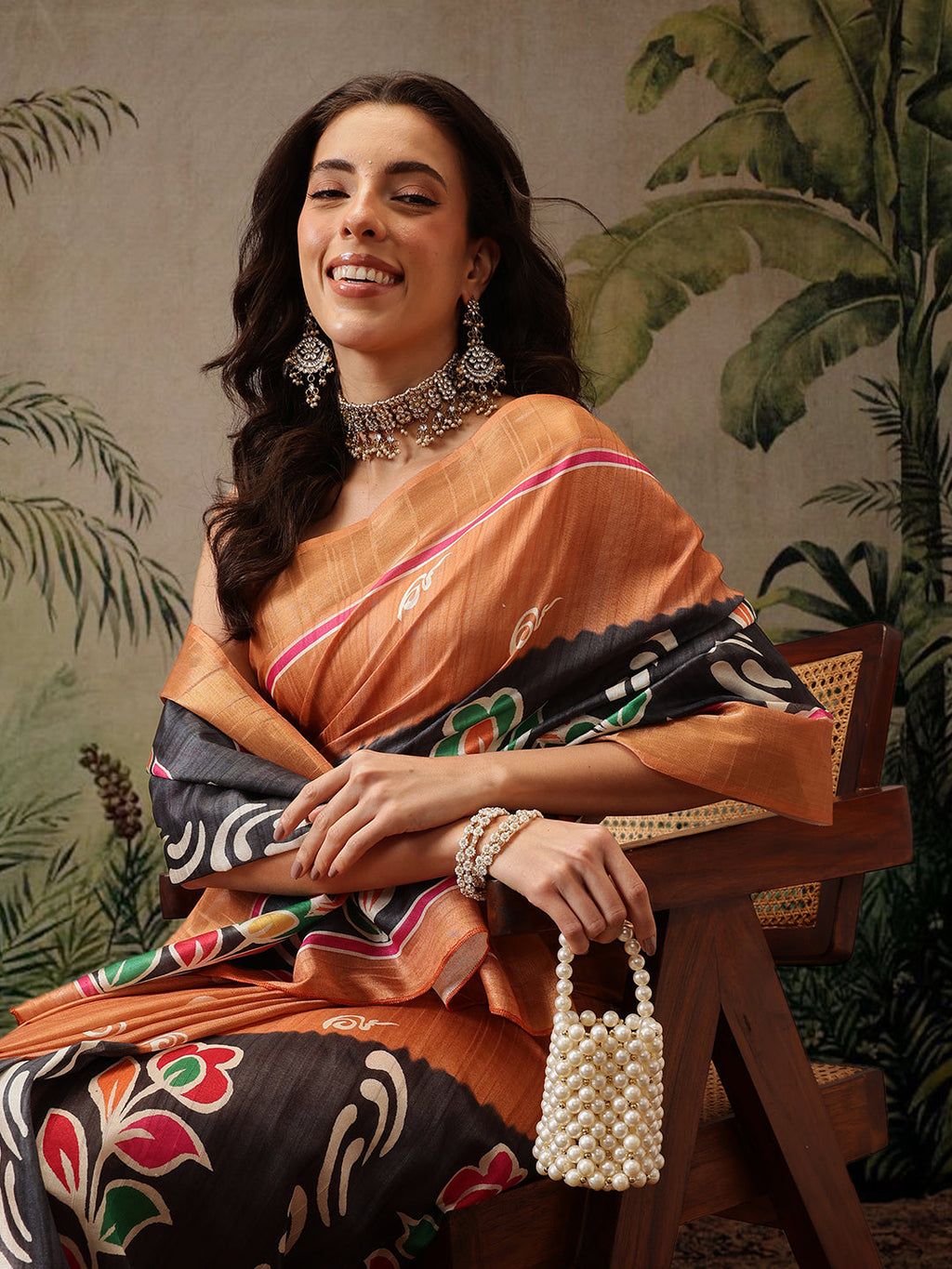 Hiral Fashion Black Banarasi Silk Blend Floral Digital Printed Saree