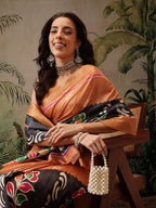 Hiral Fashion Black Banarasi Silk Blend Floral Digital Printed Saree