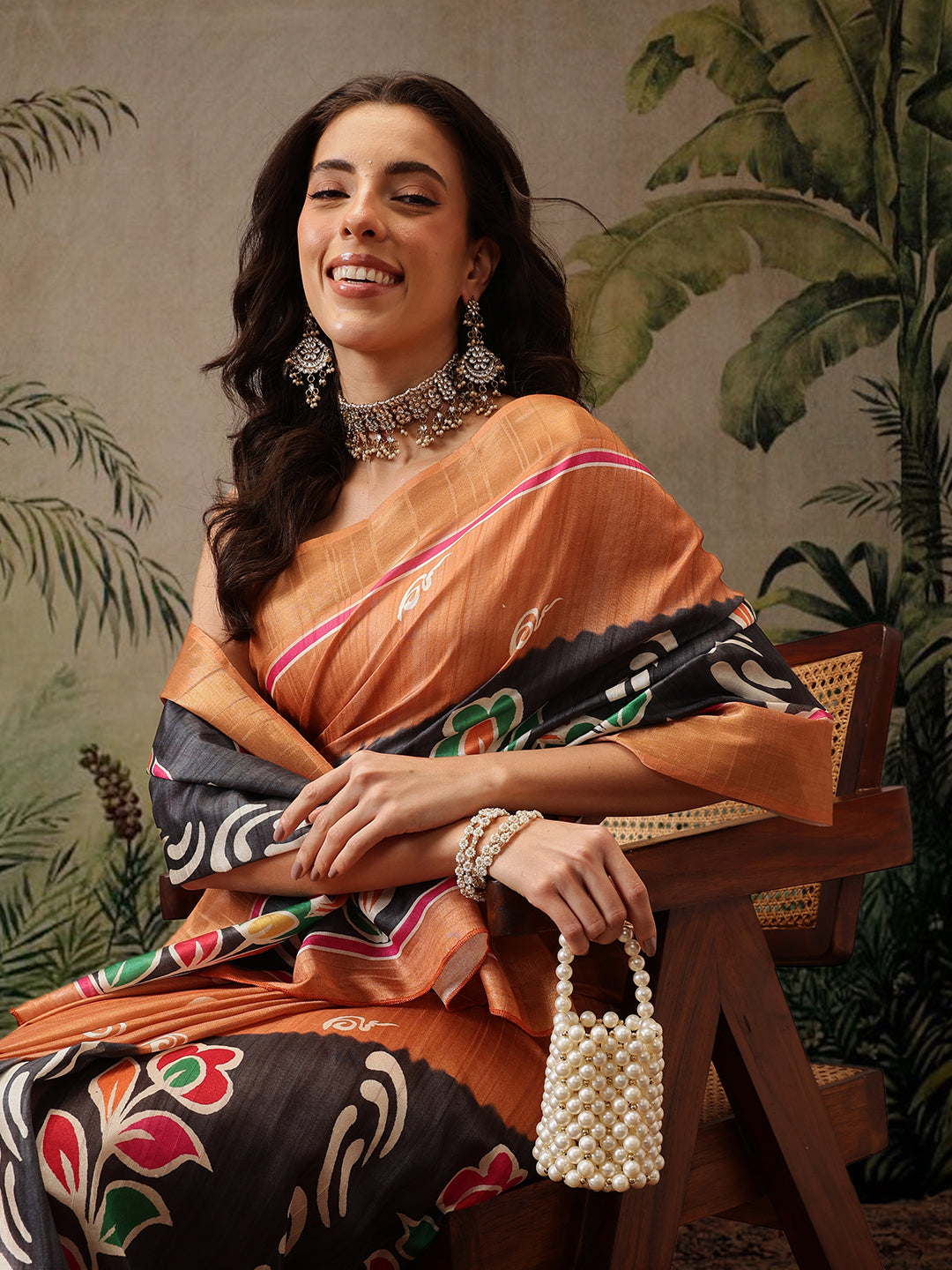 Hiral Fashion Black Banarasi Silk Blend Floral Digital Printed Saree