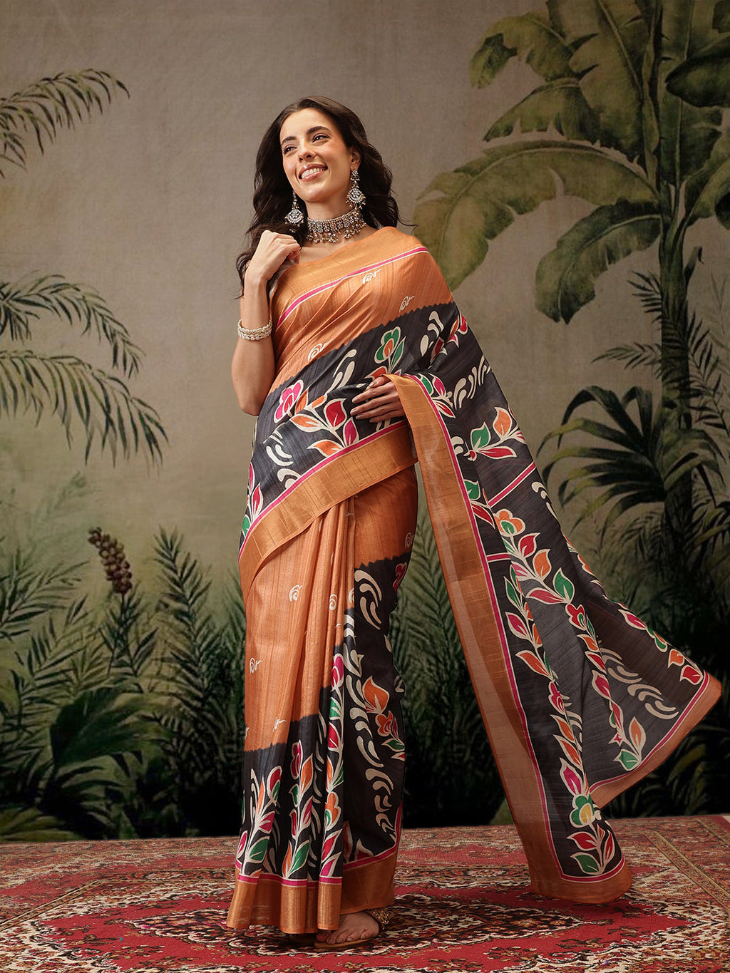 Hiral Fashion Black Banarasi Silk Blend Floral Digital Printed Saree