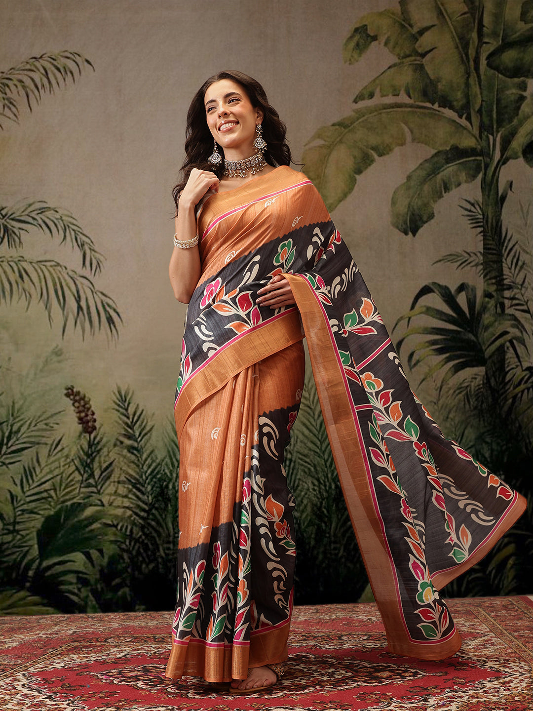 Hiral Fashion Black Banarasi Silk Blend Floral Digital Printed Saree