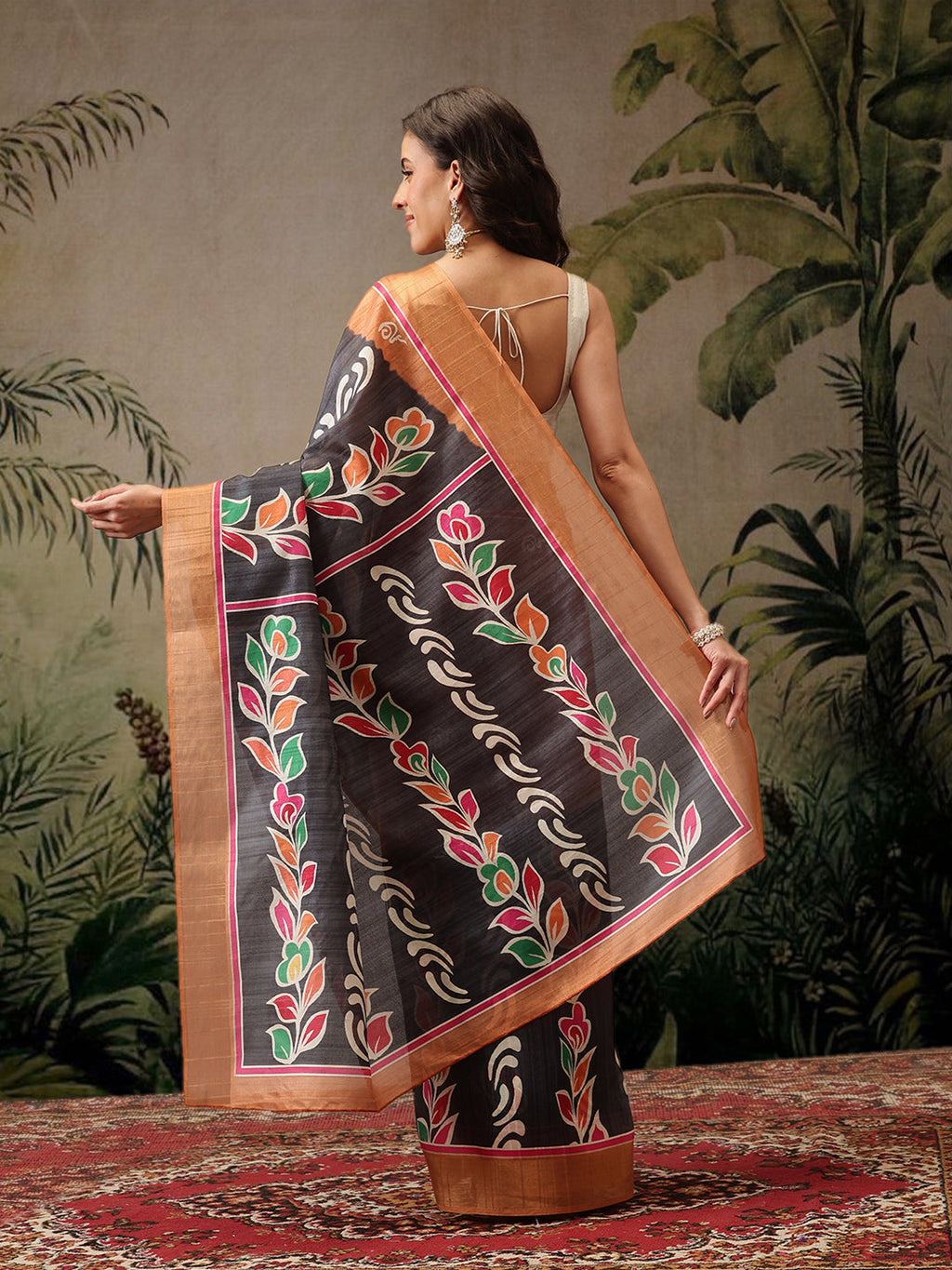 Hiral Fashion Black Banarasi Silk Blend Floral Digital Printed Saree