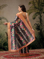 Hiral Fashion Black Banarasi Silk Blend Floral Digital Printed Saree