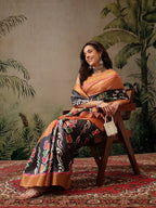 Hiral Fashion Black Banarasi Silk Blend Floral Digital Printed Saree