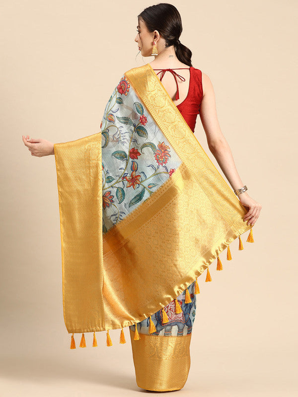 Sky Blue Munga Silk Digital Print Floral Saree with Unstitched Blouse - Hiral Fashion
