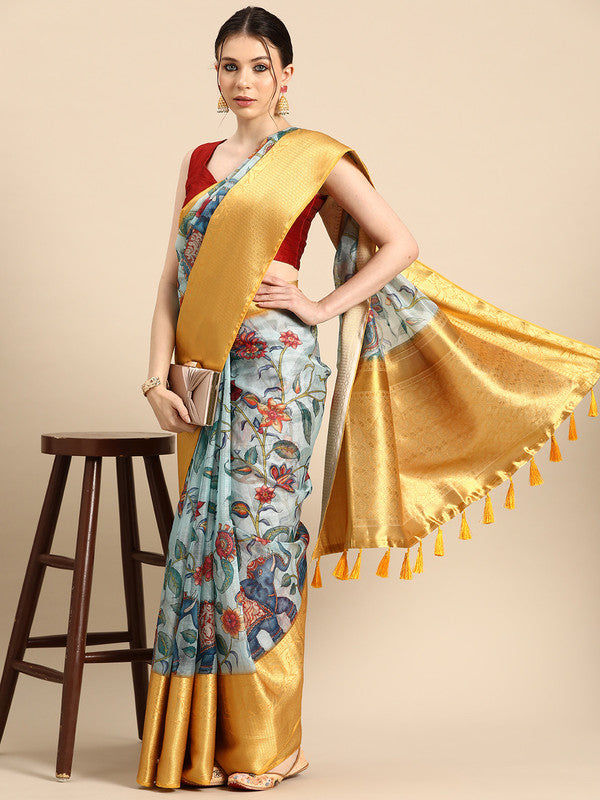 Sky Blue Munga Silk Digital Print Floral Saree with Unstitched Blouse - Hiral Fashion