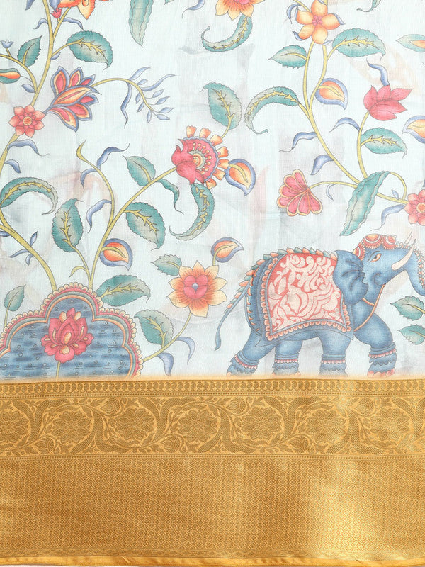 Sky Blue Munga Silk Digital Print Floral Saree with Unstitched Blouse - Hiral Fashion