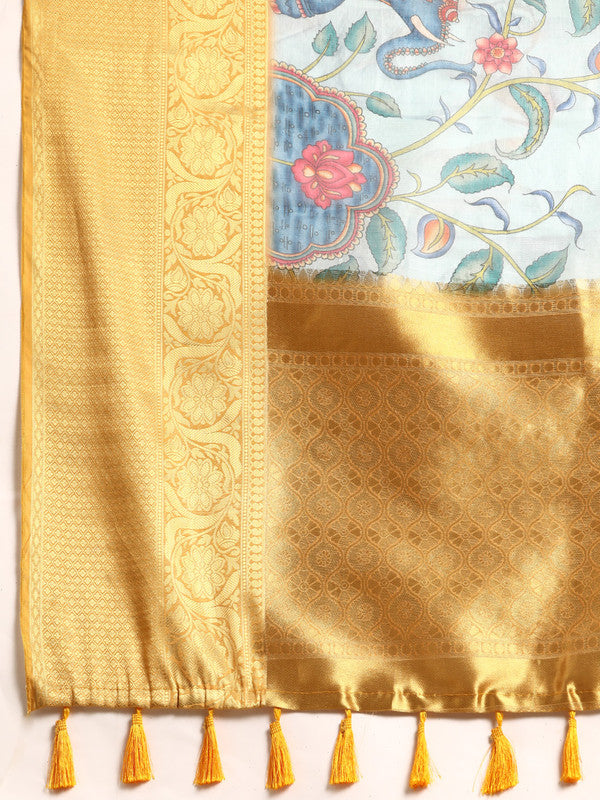Sky Blue Munga Silk Digital Print Floral Saree with Unstitched Blouse - Hiral Fashion