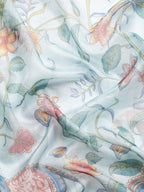 Sky Blue Munga Silk Digital Print Floral Saree with Unstitched Blouse - Hiral Fashion