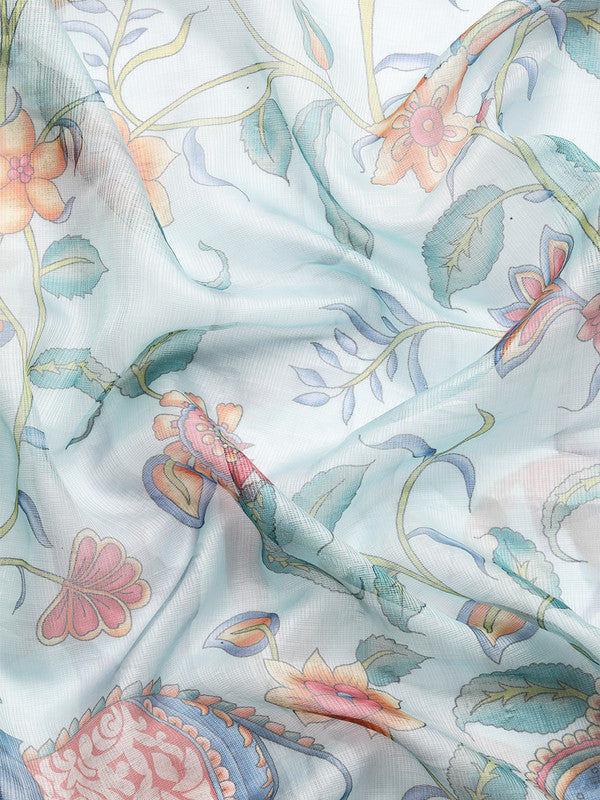 Sky Blue Munga Silk Digital Print Floral Saree with Unstitched Blouse - Hiral Fashion