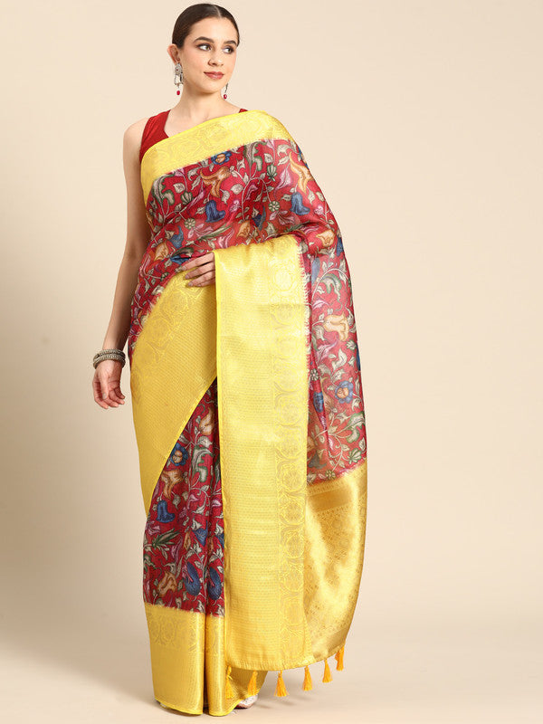 Maroon Munga Silk Digital Print Floral Saree with Unstitched Blouse - Hiral Fashion