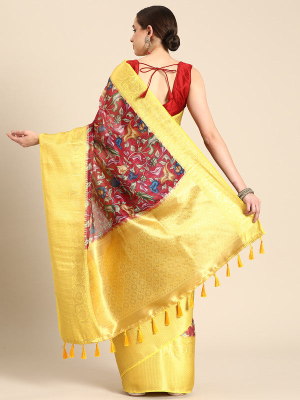 Maroon Munga Silk Digital Print Floral Saree with Unstitched Blouse - Hiral Fashion