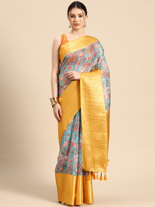 Turquoise Munga Silk Digital Print Floral Saree with Unstitched Blouse - Hiral Fashion