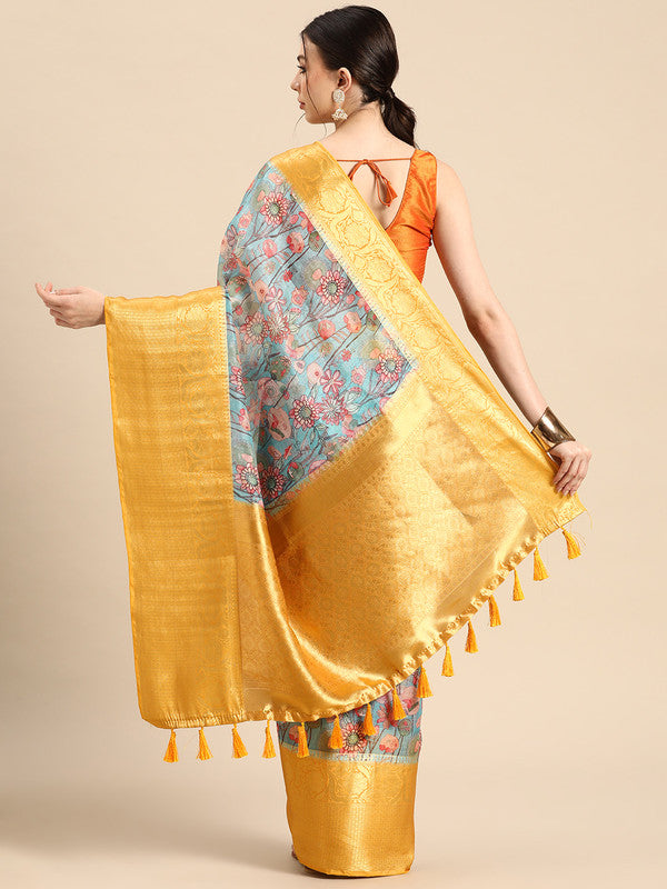 Turquoise Munga Silk Digital Print Floral Saree with Unstitched Blouse - Hiral Fashion