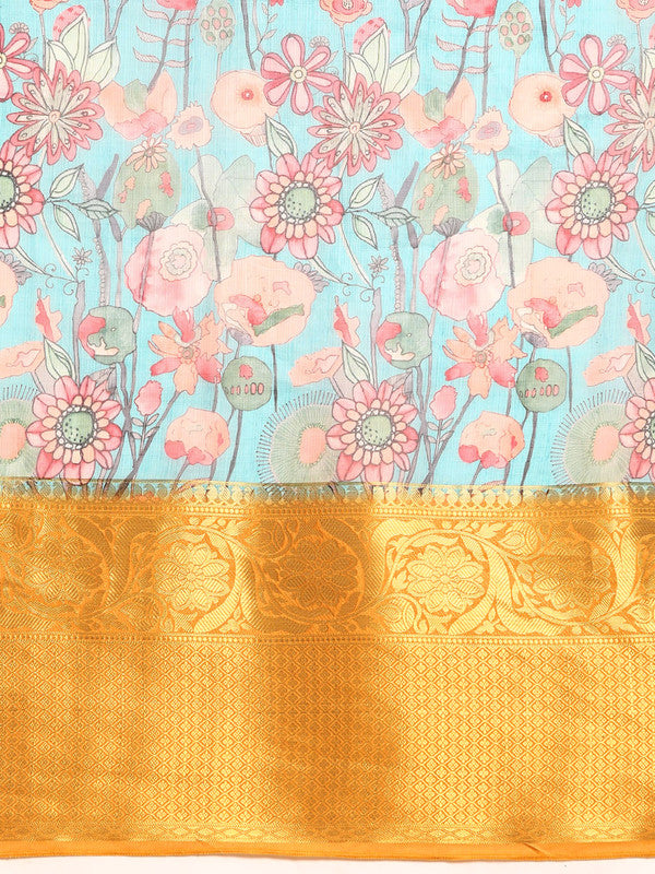Turquoise Munga Silk Digital Print Floral Saree with Unstitched Blouse - Hiral Fashion