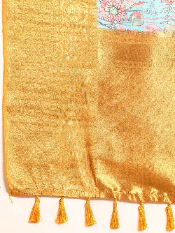 Turquoise Munga Silk Digital Print Floral Saree with Unstitched Blouse - Hiral Fashion