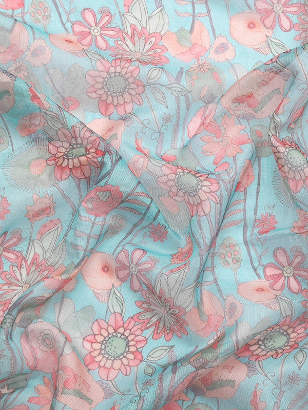 Turquoise Munga Silk Digital Print Floral Saree with Unstitched Blouse - Hiral Fashion