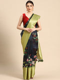 Navy Blue Munga Silk Digital Print Floral Saree with Unstitched Blouse - Hiral Fashion