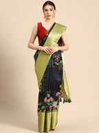 Navy Blue Munga Silk Digital Print Floral Saree with Unstitched Blouse - Hiral Fashion