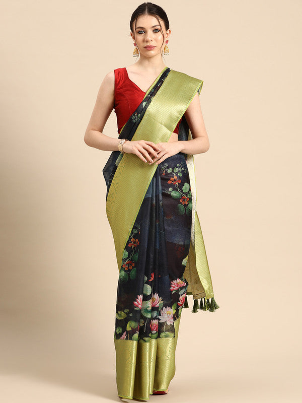 Navy Blue Munga Silk Digital Print Floral Saree with Unstitched Blouse - Hiral Fashion