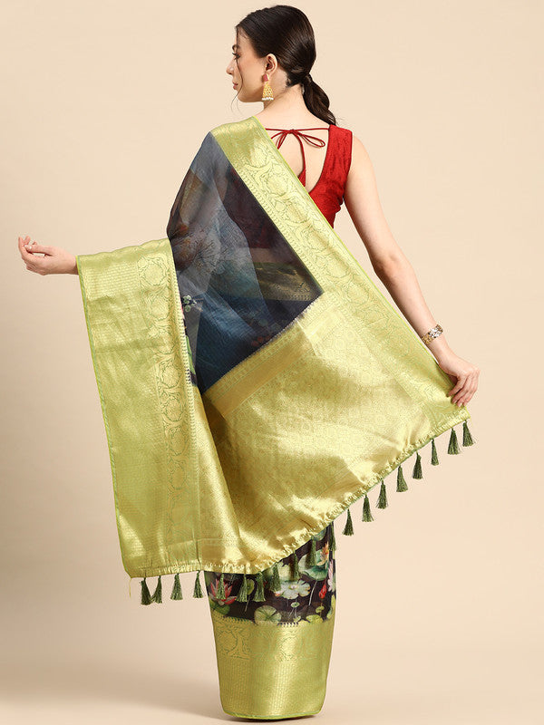 Navy Blue Munga Silk Digital Print Floral Saree with Unstitched Blouse - Hiral Fashion