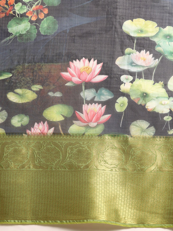 Navy Blue Munga Silk Digital Print Floral Saree with Unstitched Blouse - Hiral Fashion