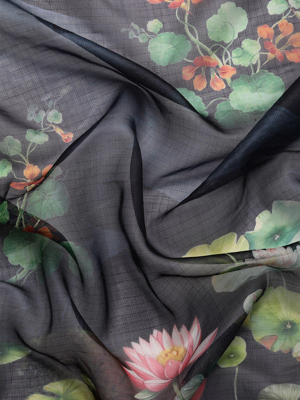Navy Blue Munga Silk Digital Print Floral Saree with Unstitched Blouse - Hiral Fashion