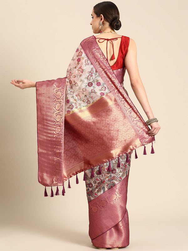 Beige Munga Silk Digital Print Floral Saree with Unstitched Blouse - Hiral Fashion