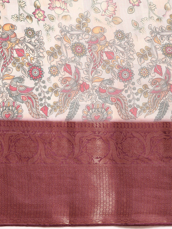 Beige Munga Silk Digital Print Floral Saree with Unstitched Blouse - Hiral Fashion