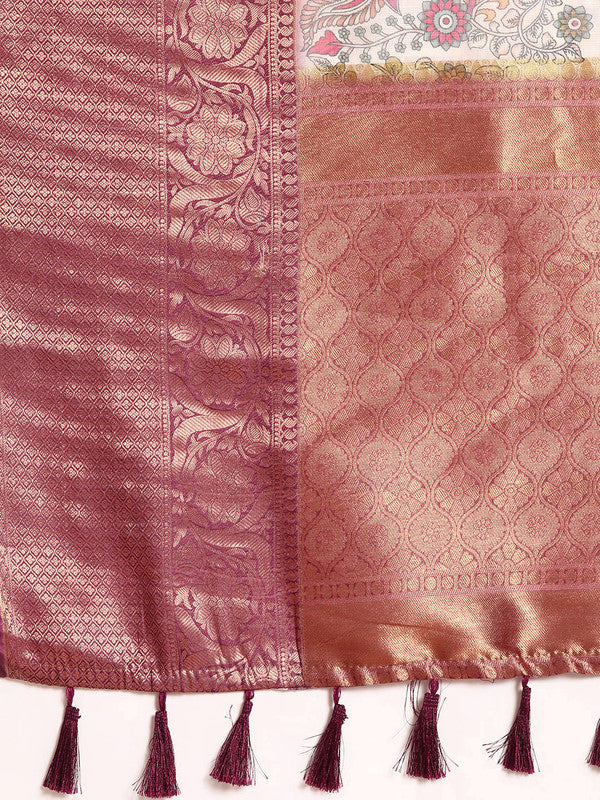 Beige Munga Silk Digital Print Floral Saree with Unstitched Blouse - Hiral Fashion