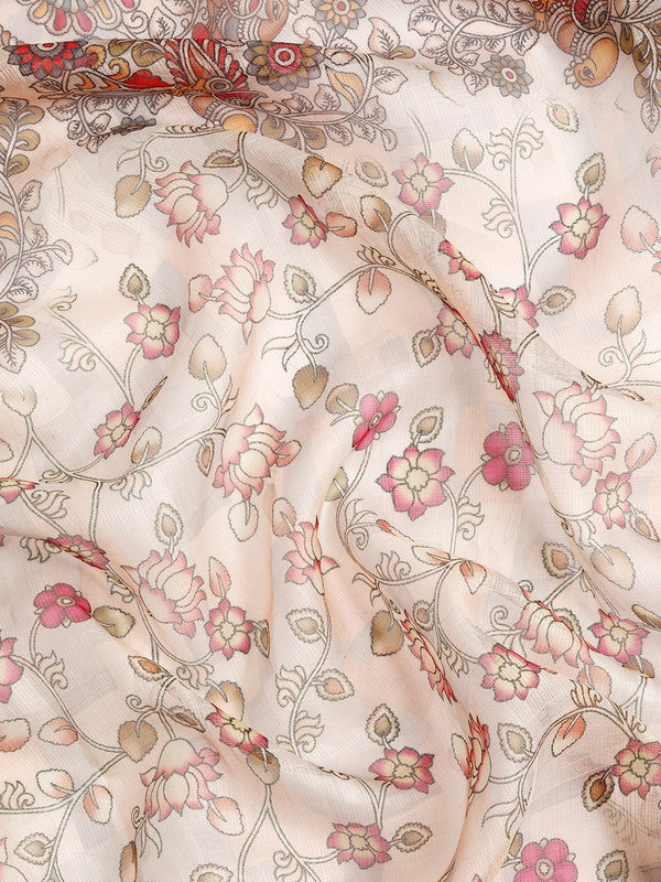 Beige Munga Silk Digital Print Floral Saree with Unstitched Blouse - Hiral Fashion