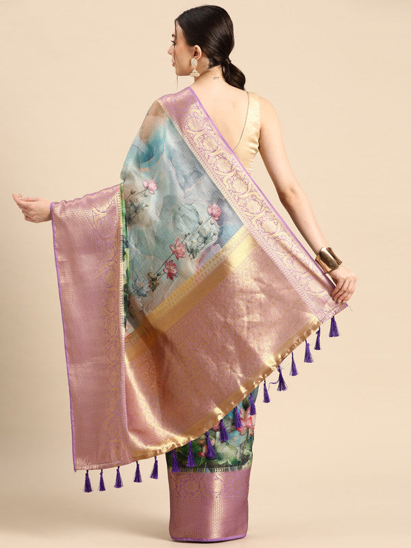 Multicolor Munga Silk Digital Print Floral Saree with Unstitched Blouse - Hiral Fashion