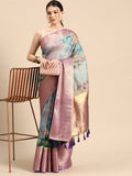 Multicolor Munga Silk Digital Print Floral Saree with Unstitched Blouse - Hiral Fashion