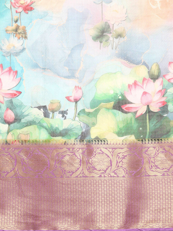 Multicolor Munga Silk Digital Print Floral Saree with Unstitched Blouse - Hiral Fashion