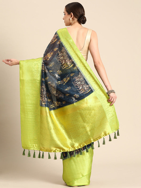 Gray Munga Silk Digital Print Floral Saree with Unstitched Blouse - Hiral Fashion