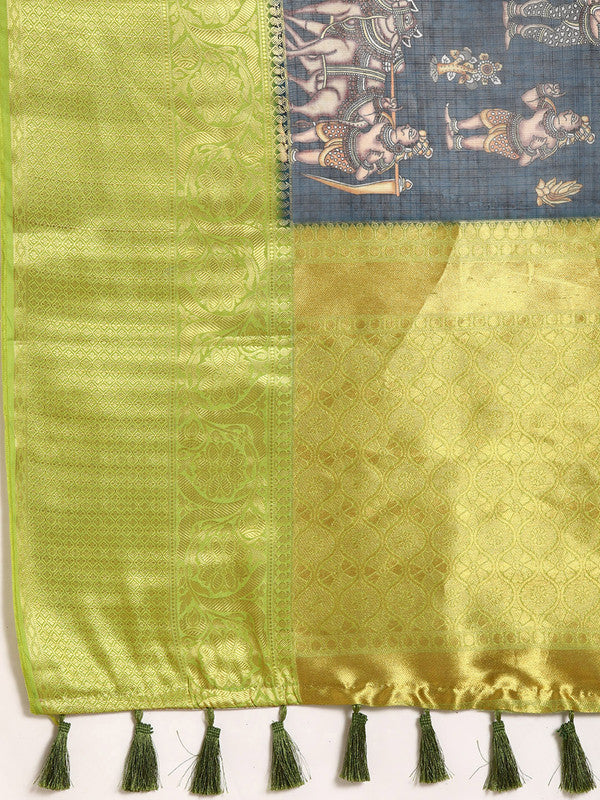 Gray Munga Silk Digital Print Floral Saree with Unstitched Blouse - Hiral Fashion