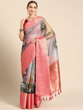 Multicolor Munga Silk Digital Print Floral Saree with Unstitched Blouse - Hiral Fashion