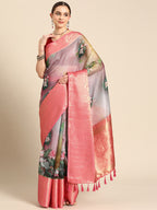 Multicolor Munga Silk Digital Print Floral Saree with Unstitched Blouse - Hiral Fashion