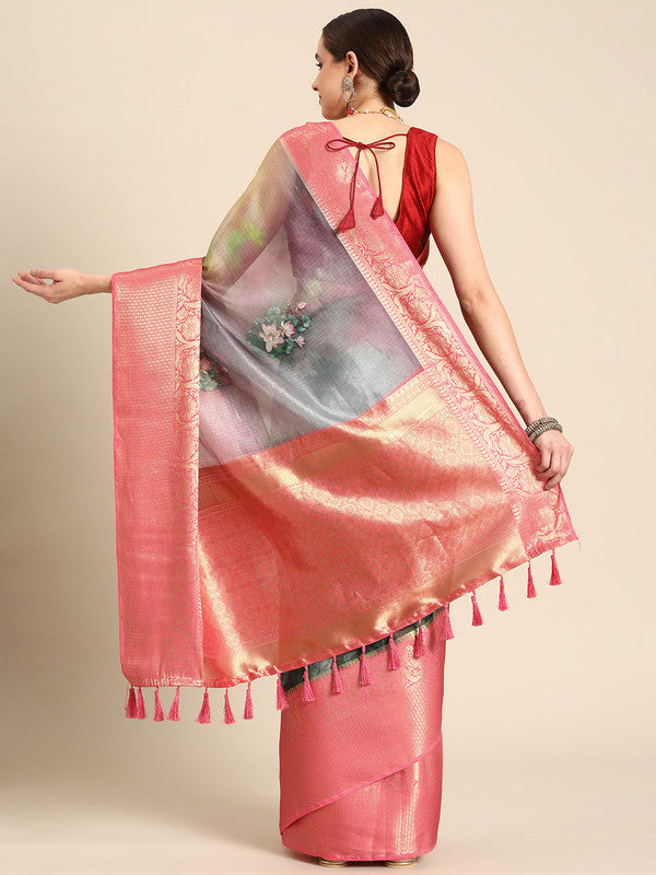 Multicolor Munga Silk Digital Print Floral Saree with Unstitched Blouse - Hiral Fashion