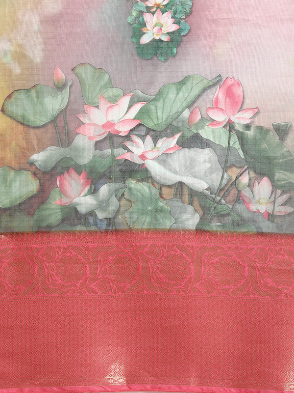 Multicolor Munga Silk Digital Print Floral Saree with Unstitched Blouse - Hiral Fashion