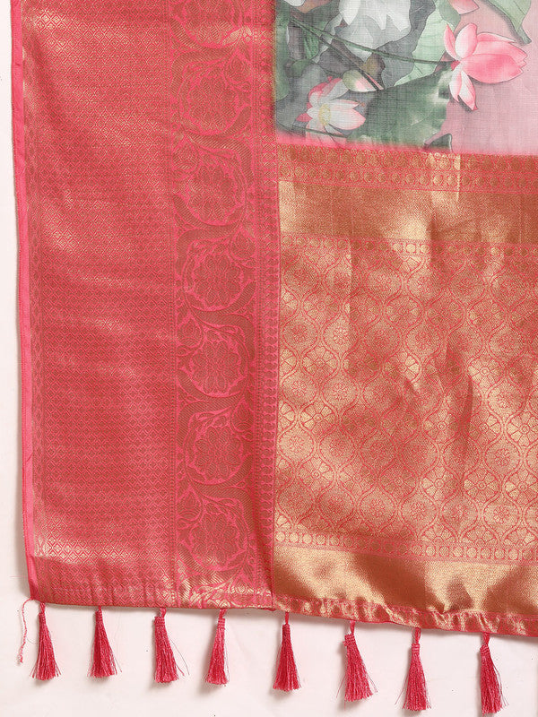 Multicolor Munga Silk Digital Print Floral Saree with Unstitched Blouse - Hiral Fashion