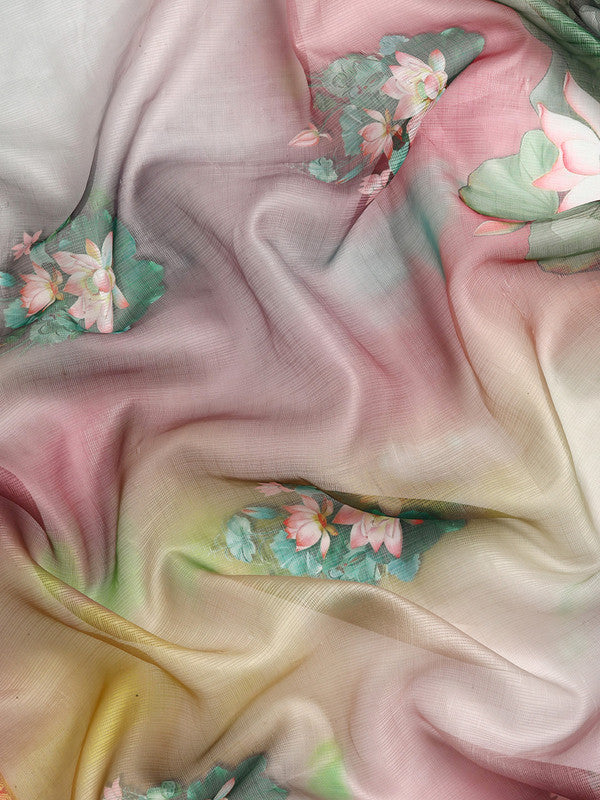 Multicolor Munga Silk Digital Print Floral Saree with Unstitched Blouse - Hiral Fashion