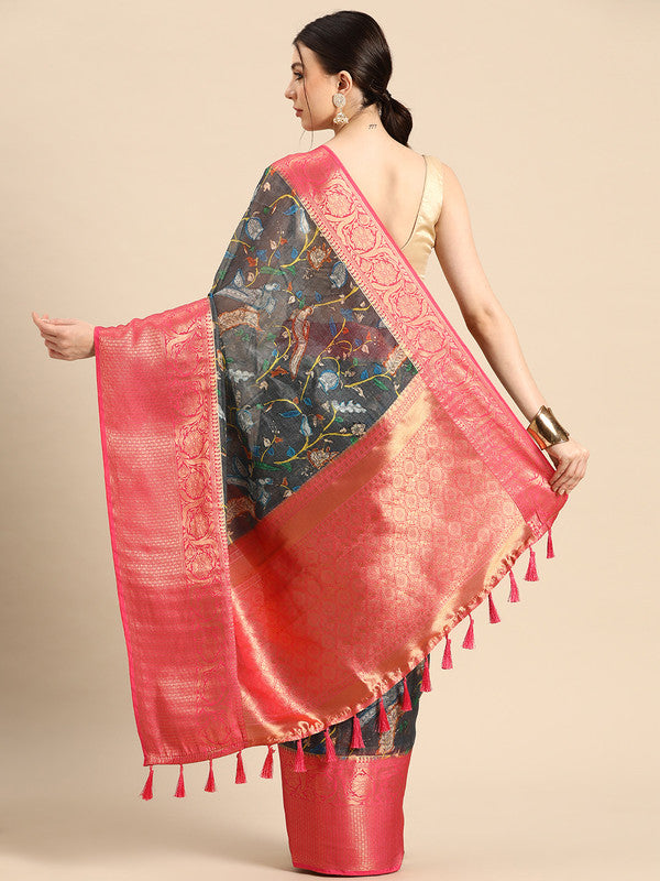 Gray Munga Silk Digital Print Floral Saree with Unstitched Blouse - Hiral Fashion