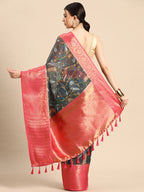 Gray Munga Silk Digital Print Floral Saree with Unstitched Blouse - Hiral Fashion