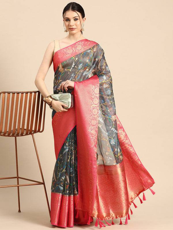 Gray Munga Silk Digital Print Floral Saree with Unstitched Blouse - Hiral Fashion