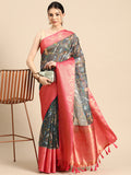 Gray Munga Silk Digital Print Floral Saree with Unstitched Blouse - Hiral Fashion