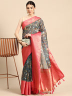 Gray Munga Silk Digital Print Floral Saree with Unstitched Blouse - Hiral Fashion