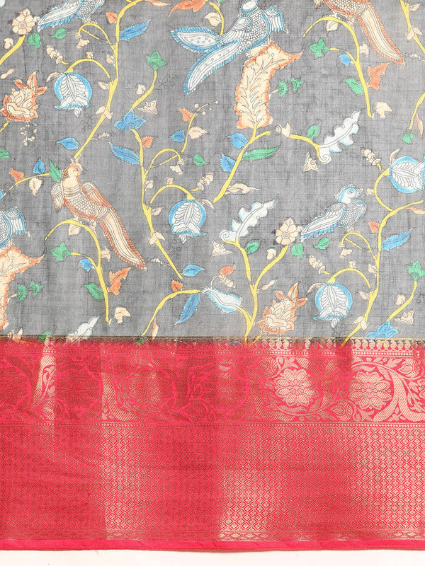 Gray Munga Silk Digital Print Floral Saree with Unstitched Blouse - Hiral Fashion